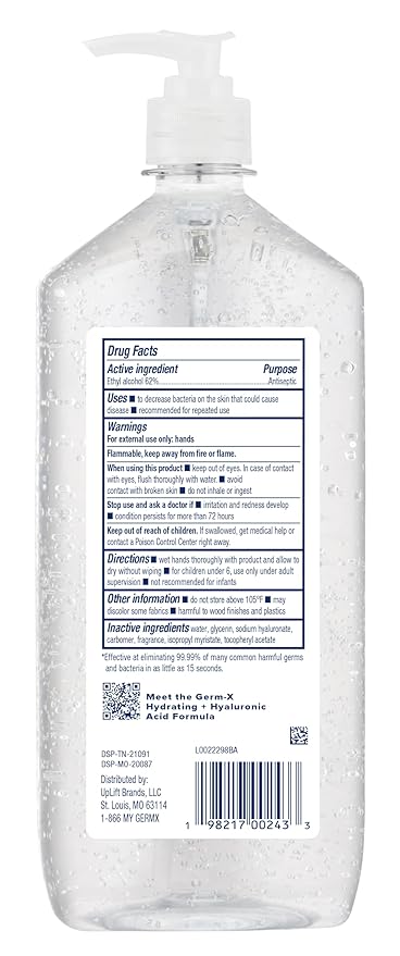 Germ-X Hand Sanitizer, Hydrating with Hyaluronic Acid, 1L Bulk Pack, Instant & No Rinse Formula, Sanitizing Liquid Gel for All Skin Types, Formulated without Parabens, Phthalates & Dyes-DeskLoop Office