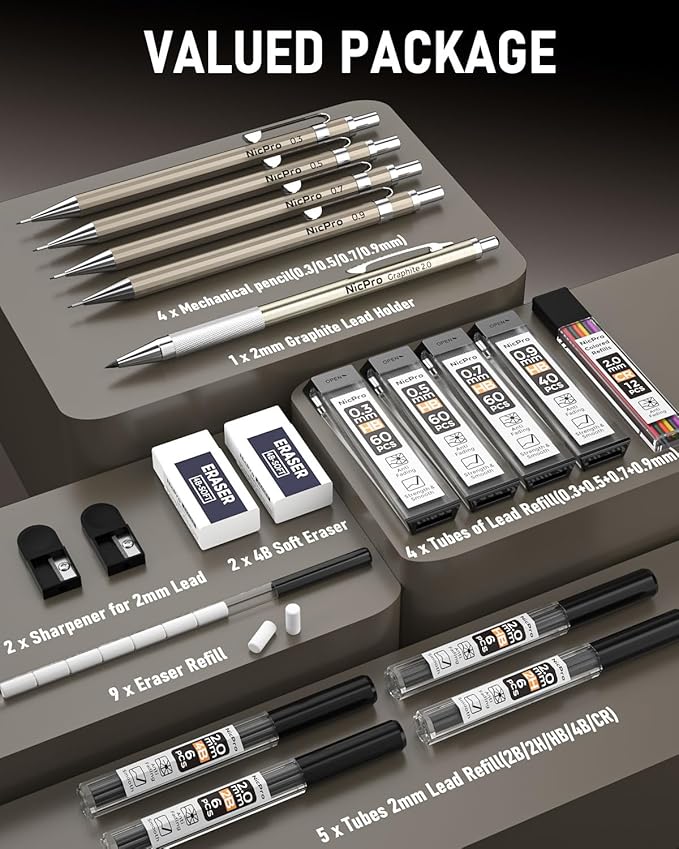 Nicpro 5 PCS Art Mechanical Pencils Set, Metal Drafting Pencil 0.3 & 0.5 & 0.7 & 0.9 & 2mm Graphite Lead Holder(4B 2B HB 2H Colored) for Sketching Drawing With Lead Refills Eraser Case-DeskLoop Office