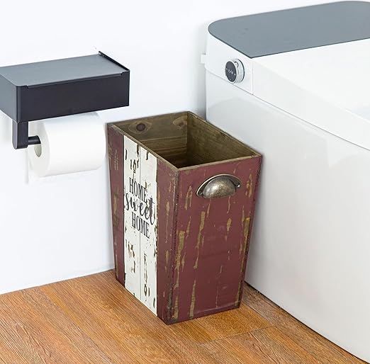 Small Wood Trash Can Wastebasket, Farmhouse Rectangular Garbage Can Waste Basket, Rustic Distressed Wooden Trash Recycling Bin with Metal Handles, Home Sweet Home Wood Storage Basket (Distressed)-DeskLoop Office
