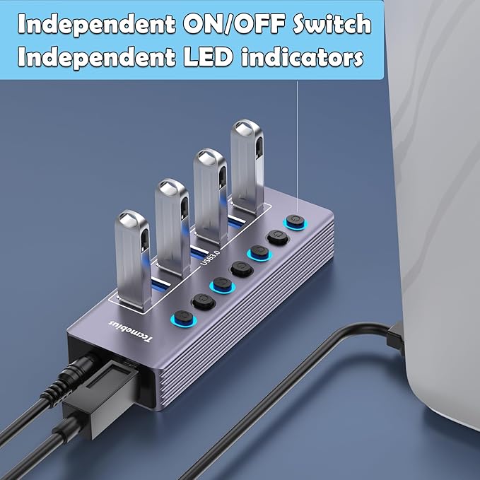 Powered 7-Port USB 3.0 Hub, USB C to 7 Ports USB Data Hub Splitter with Individual LED On/Off Switche, 3.3FT Cable, 12V/3A Power Adapter, for Laptop MacBook Pro/Air PC (Aluminum Gary)-DeskLoop Office