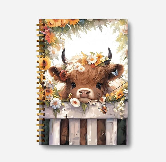 Floral Highland Cow Notebook - Western Cow Notebook, Highland Cow Office Supplies, Highland Cow Gifts, Cow Lover Gifts, Cute Cow Stuff, Cute Daisy Flower Highland Cow Spiral Notebook 5.5x8.3-DeskLoop Office