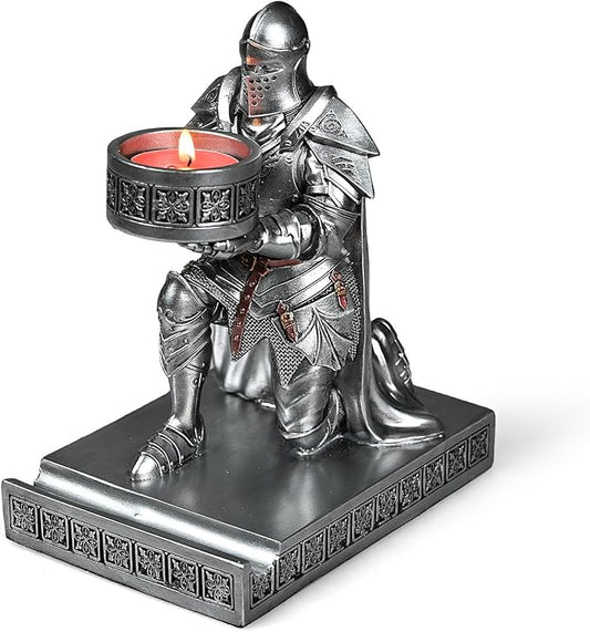 King's Guard Kneeling Knight Candlestick Holders Resin Posture TeaLight Holder Warrior Mobile Phone Stand Pen Holder Candle Holder for Restaurant, Altar, Home Table(Silver)-DeskLoop Office