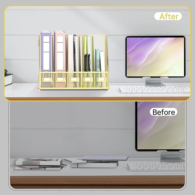 SUPEASY Desk Organizers Metal Desk Magazine File Holder with 5 Vertical Compartments Rack File Organizer for Office Desktop, Home Workspace, Gold Plus-DeskLoop Office