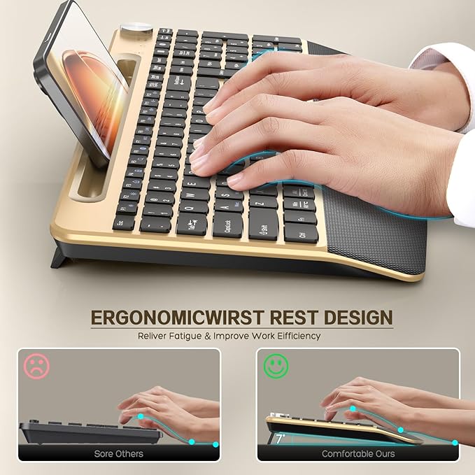 Ergonomic Wireless Keyboard and Mouse with Wrist Rest,Phone Holder - 2.4GHz Full-Sized Low-Profile Quiet Gold Wireless Mouse and Keyboard Combo for Computer, Laptop, PC, Mac-Gold-DeskLoop Office