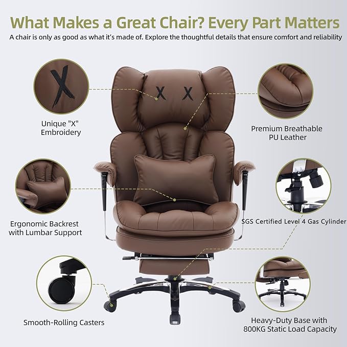 Efomao Big and Tall Office Chair with Footrest – High Back Computer Chair with Adjustable Armrests,Executive Office Chair with Wide Seat, Modern Desk Chair for Home Office, Gaming, or Study, Brown-DeskLoop Office