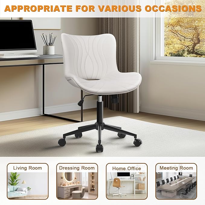 Office Chair, Armless Desk Chair with Wheels, Ergonomic Comfy Home Office Computer Task Chairs, Faux Leather Padded Cute Vanity Chair, Adjustable Height Swivel Chair with Back,White-DeskLoop Office