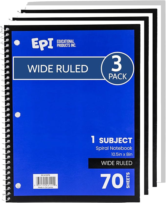 EPI Spiral Notebook | Wide - 70 Sheets, Durable Spiral Binding | 10.5 x 8 in | Classroom Supplies | School, Office, Note Taking, Journaling - 3 Pack-DeskLoop Office