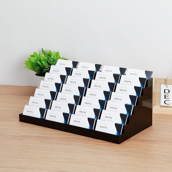 Acrylic Business Card Holder for Desk Multiple Business Card Holders 28 Slot 7 Tier Large Business Card Organizer Business Card Display Rack Black Plastic Business Card Stand for Home Office-DeskLoop Office