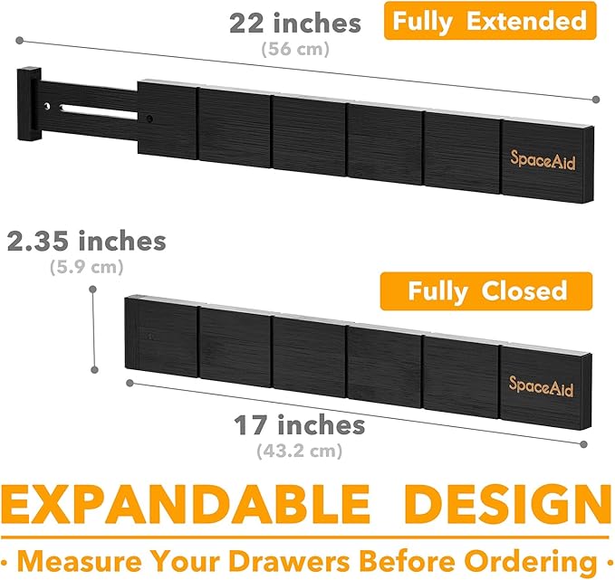 SpaceAid Bamboo Drawer Dividers with Inserts and Labels, Kitchen Adjustable Drawer Organizers, Expandable Organization for Home, Office, Dressers, 10 Dividers with 24 Inserts (17"-22" Black)-DeskLoop Office