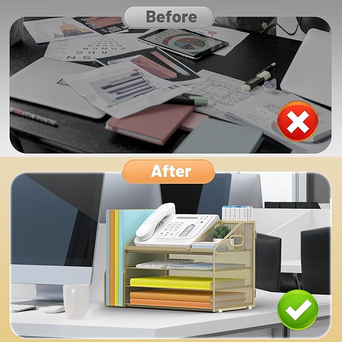 DocNest 4 Tier Paper Letter Tray File Organizer, Mesh Desk File with Handle, Workspace Desk Organizers with Pen Holder, Office Organization Storage Accessories - Gold Yellow-DeskLoop Office