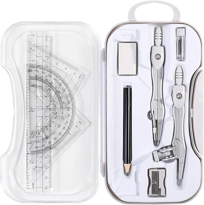 Math Geometry Sets 10 Piece Student Supplies with Shatterproof Storage Box,Includes Rulers,Protractor,Compass,Eraser,Pencil Sharpener,Lead Refills,Pencil,for Drafting and Drawings(Grey)
