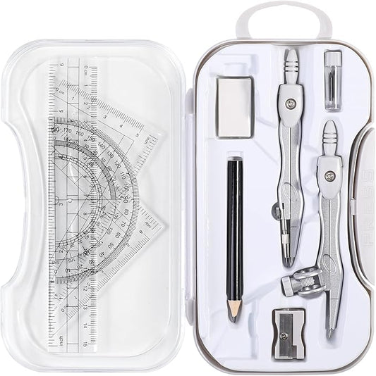 Math Geometry Sets 10 Piece Student Supplies with Shatterproof Storage Box,Includes Rulers,Protractor,Compass,Eraser,Pencil Sharpener,Lead Refills,Pencil,for Drafting and Drawings(Grey)-DeskLoop Office