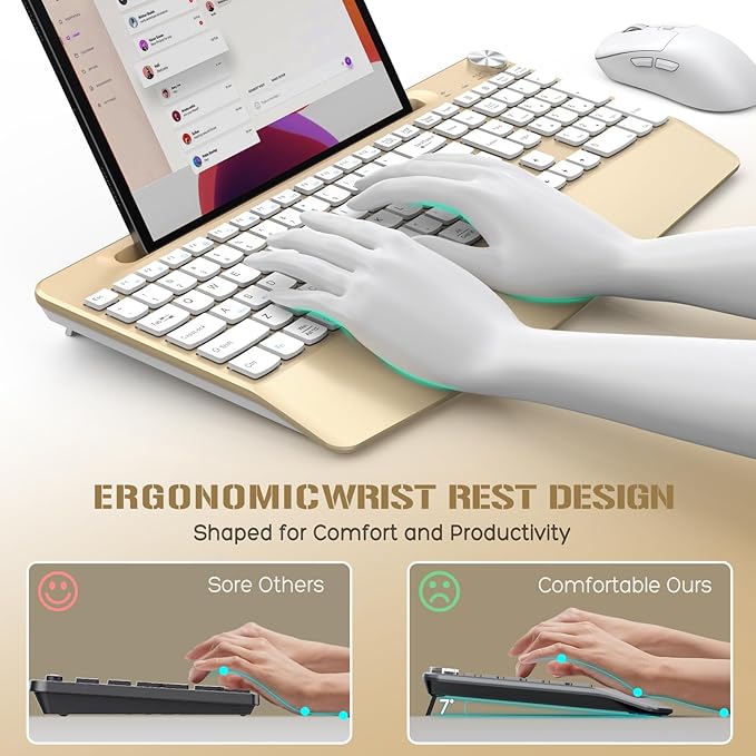 Ergonomic Wireless Keyboard and Mouse with Wrist Rest,Phone Holder - 2.4GHz Full-Sized Low-Profile Quiet Gold Wireless Mouse and Keyboard Combo for Computer, Laptop, PC, Mac-Gold-DeskLoop Office