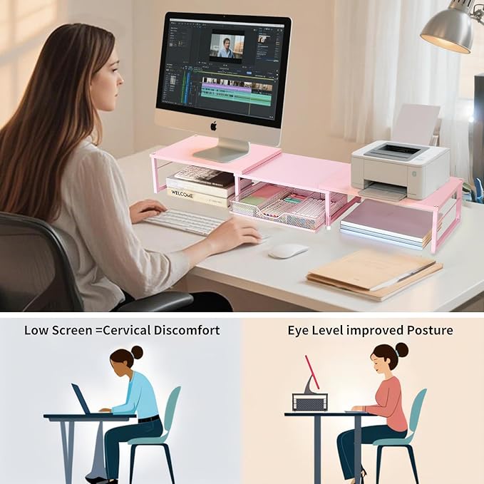 Dual Monitor Stand Riser, Desk Organizer with Drawer, Office Desk Organizers and Accessories, Office Workspace Organization Computer Monitor Stand for Laptop, Printer, TV(Pink)-DeskLoop Office