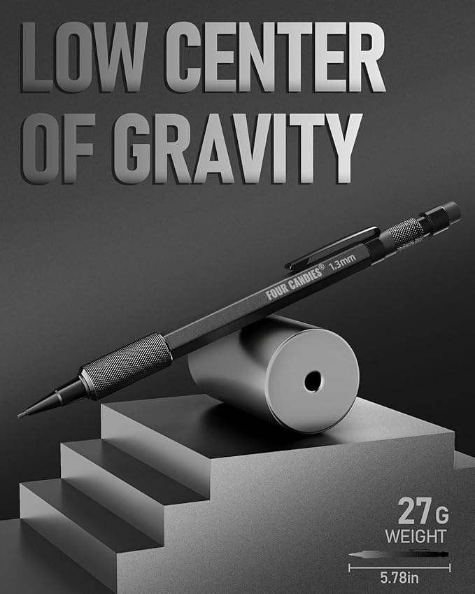 Four Candies 1.3mm Mechanical Pencil Set with 24 Lead Refills, Metal Weatherproof Heavy Duty Outdoor Carpenter Pencil, Eraser, 6 Eraser Refills for Architect Drafting Woodworking Marking with Case-DeskLoop Office