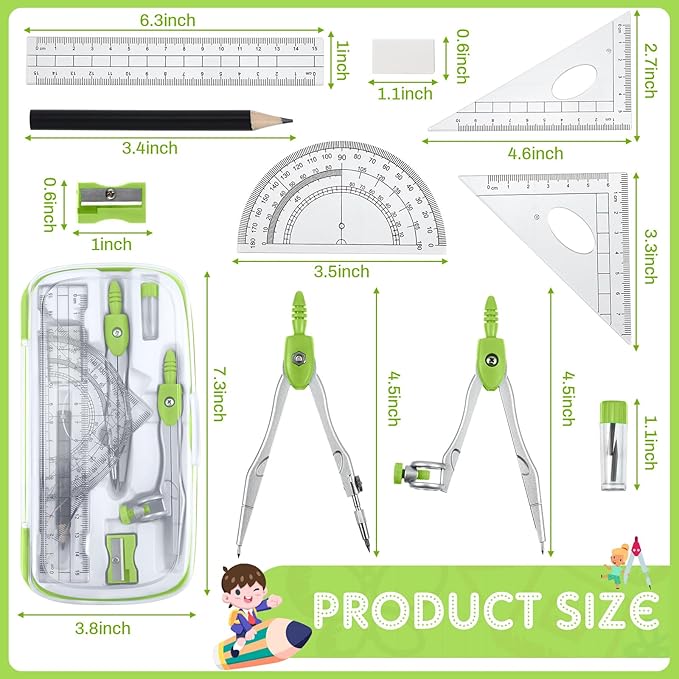 Teling 12 Sets Math Geometry Kit for Students 10 Pcs Compass Geometry Tools Set Includes Rulers Protractor Compass Eraser Pencil Sharpener Lead Refills Pencil (Green)-DeskLoop Office