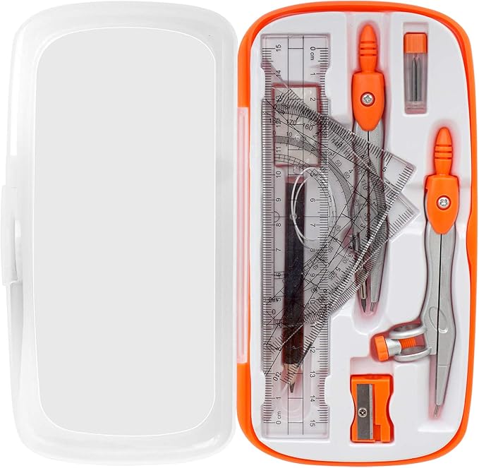 Geometry Compass Set 2 Drafting Compasses with Maths Protractor Set Squares Ruler and More for Students Starters Homework etc. Orange-DeskLoop Office