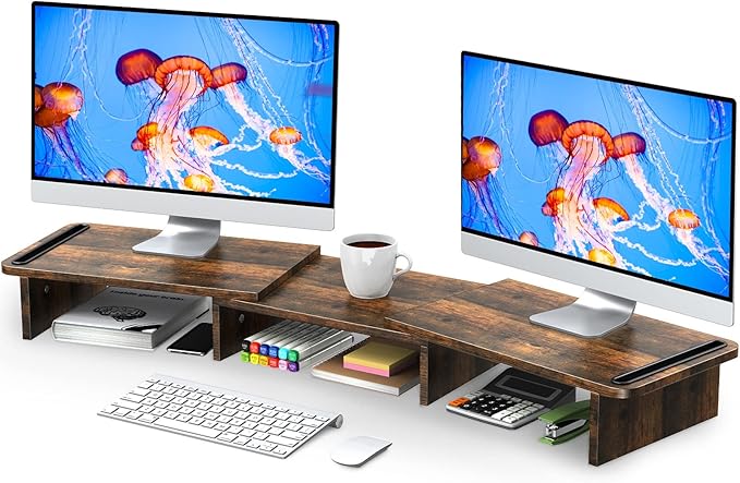 Zimilar Dual Monitor Stand Riser, Monitor Stand with Adjustable Length and Angle, Wood Monitor stand for desk, Monitor Riser for 2 monitors with Storage Space(Rust Brown Large)-DeskLoop Office