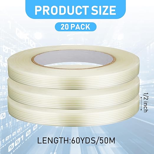 Treela 20 Rolls 1/2 Inch x 60 Yards Filament Strapping Tape Transparent Reinforced Fiberglass 5.5 Mil Heavy Duty Packing Shipping Tape for Sealing Binding Fixing-DeskLoop Office