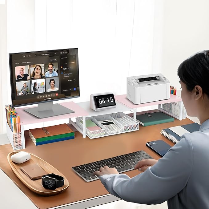 Desk Dual Monitor Stand Riser - Desk Organizer with Drawer and Pen Holders, Office Desk Accessories & Workspace Organization, Computer Monitor Stand for Laptop, Printer(Pink& White)