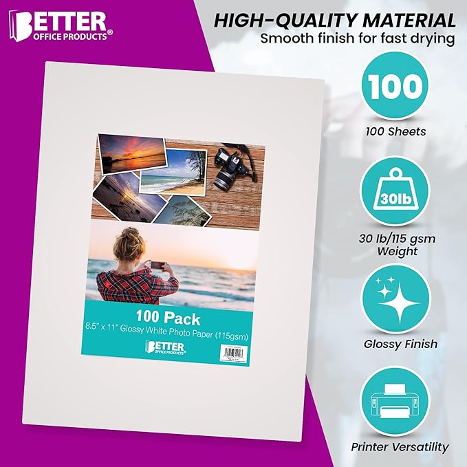 Better Office Products Thin Glossy Photo Paper, 100 Sheets, 8.5 x 11", 30 lb, 115gsm, Inkjet Photo Paper, for Brochure Printing, Custom Chip Bag Party Favors, Letter Size, 100-Count Pack-DeskLoop Office