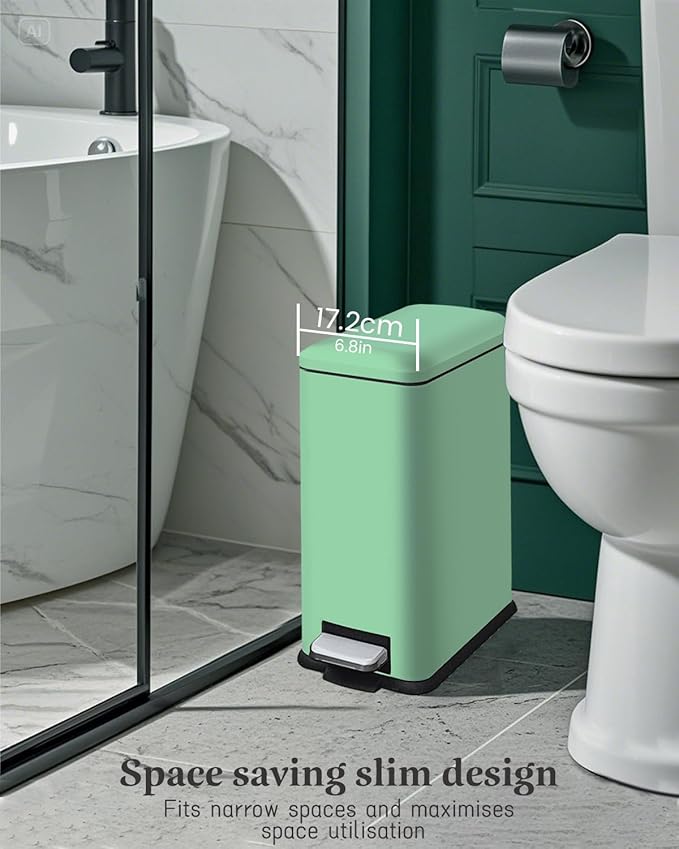 Rubbish Bin with Lid, 10 L, Stainless Steel Bathroom Waste Bin, Small Waste Bin, Pedal Bin, Stainless Steel for Bathroom, Bedroom and Office, Green-DeskLoop Office