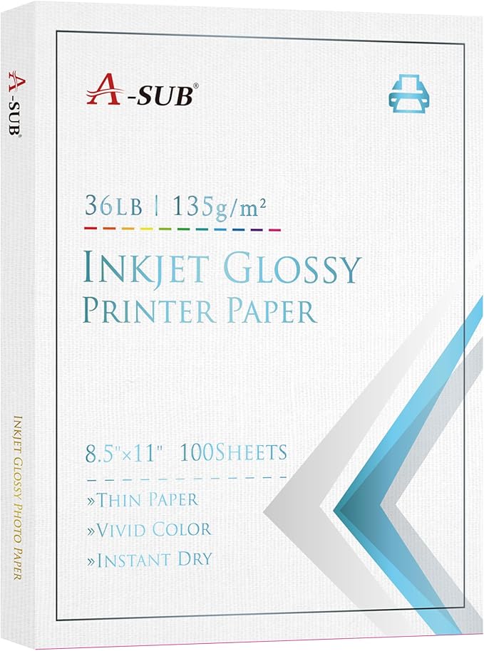 A-SUB Glossy Thin Photo Printer Paper for Flyer Brochure Chip Bag 8.5x11 Inch 36lb for Inkjet Printer Dye Ink Single-Side Print 135gsm-DeskLoop Office