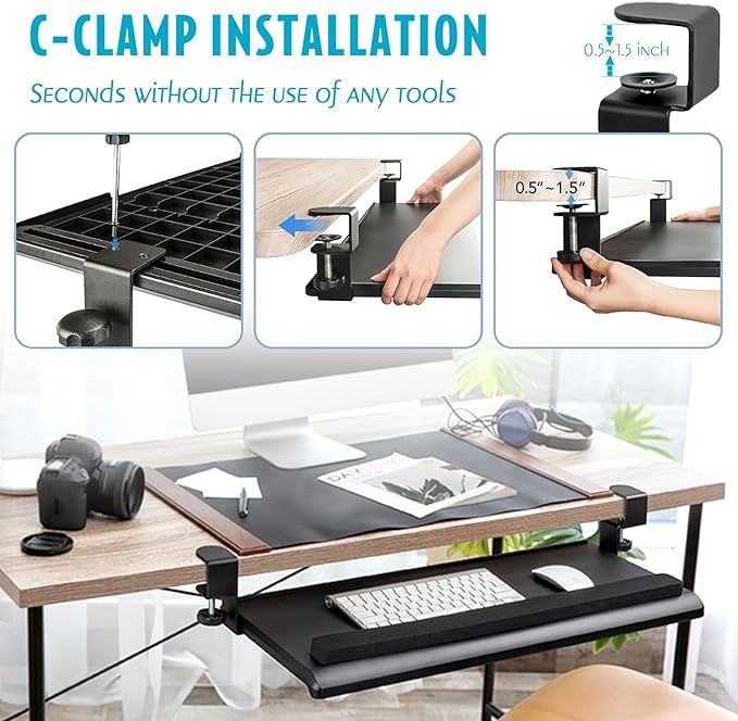 EHO Large Ergonomic C-Clamp Keyboard Tray Mount Under Desk with Wrist Rest, Slide-Out Platform 27.5" (31.8" Including Clamps) x 12.5", Pull Out Keyboard & Mouse Tray for Home or Office, Black-DeskLoop Office