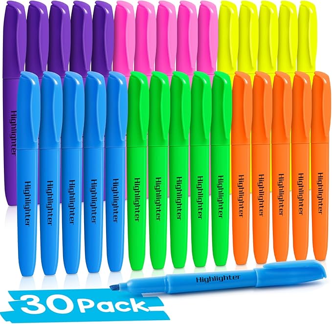 V-Opitos 30 Pack Highlighters in 6 Assorted Colors, No Bleed, Bright With Soft Chisel Tips, Ideal for Office and School Supplies-DeskLoop Office