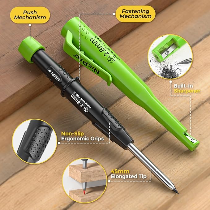 Nicpro Carpenter Pencil with Sharpener, CP3000 Carpenter Mechanical Pencils with 19 Refill, Deep Hole Marker for Construction, Heavy Duty Construction Pencil, Woodworking Tool for Architect Marking-DeskLoop Office
