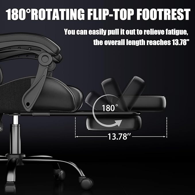 Gaming Chair, Ergonomic Office Computer Chair with Footrest and Lumbar Support Massager Racing Style High Back Video Gamer Chair, Wide&Thick Cushion, 90°-135° Recline, Adjustable Height, Black-DeskLoop Office
