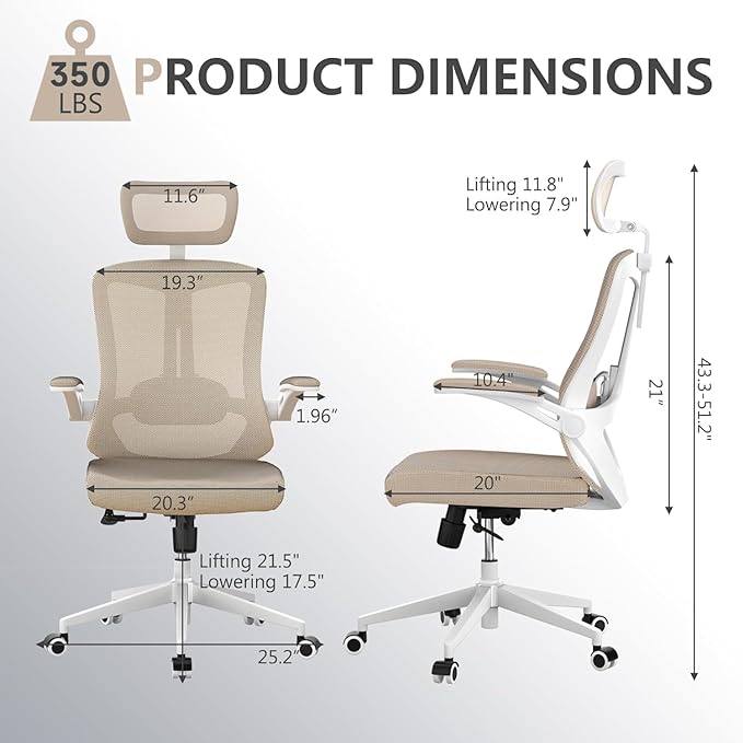 Desk Offiice Chair, Ergonomic Comfy Mesh Chair, Home High Back Gaming Executive Chair with Wheels, Compute Capacity 350LBS, Lumbar Support, Adjustable Headrest, Flip-up Armrest-DeskLoop Office