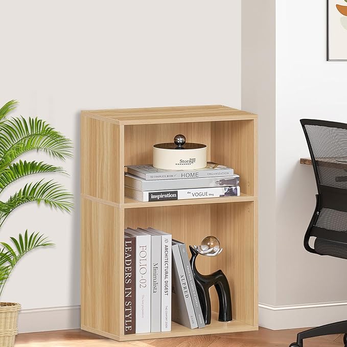 LEYAOYAO 2 Cube Bookshelf,Natural Record Player Stand Holds up to 100 Albums, Mini Wood Book Shelf Storage Organizer,Turntable Stand with Vinyl Storage Cabinet, Narrow Open Bookcase for Small Spaces-DeskLoop Office