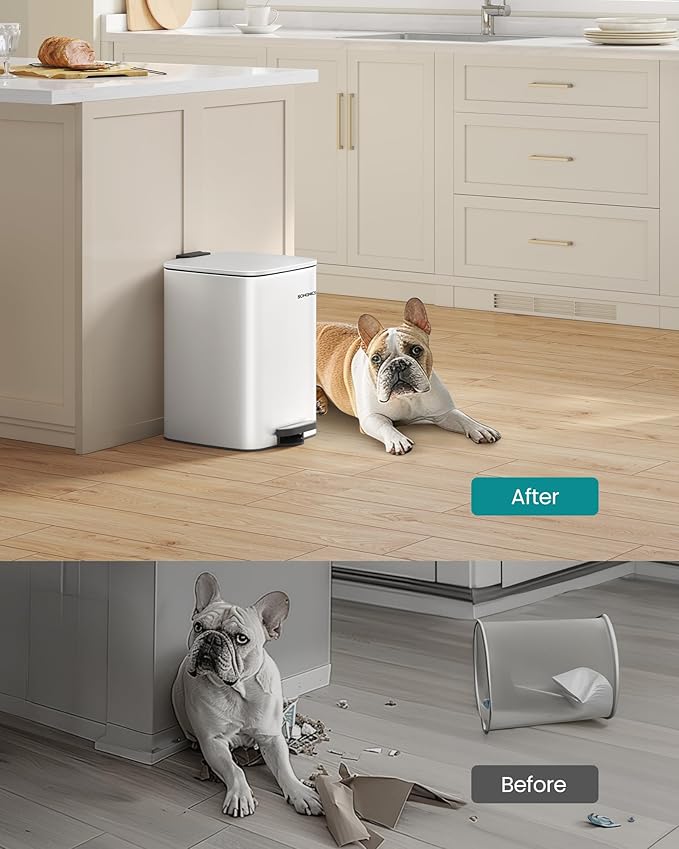 SONGMICS Kitchen Trash Can, 5.2-Gallon (20 L) Trash Bin, Stainless Steel Garbage Can, with Inner Bucket, Soft Close and Stays Open, Cloud White ULTB592W01-DeskLoop Office