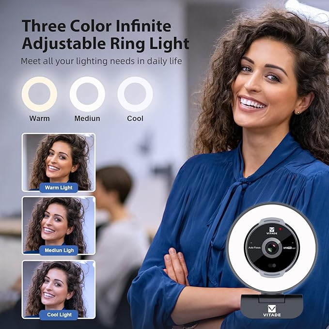 Zoomable Webcam with Remote Control, 1080P 60FPS Streaming with Ring Light and Microphone, Pro USB Webcam with 5X Digital Zoom and Privacy Cover for Zoom/Skype/Teams/PC/Laptop/Mac-DeskLoop Office