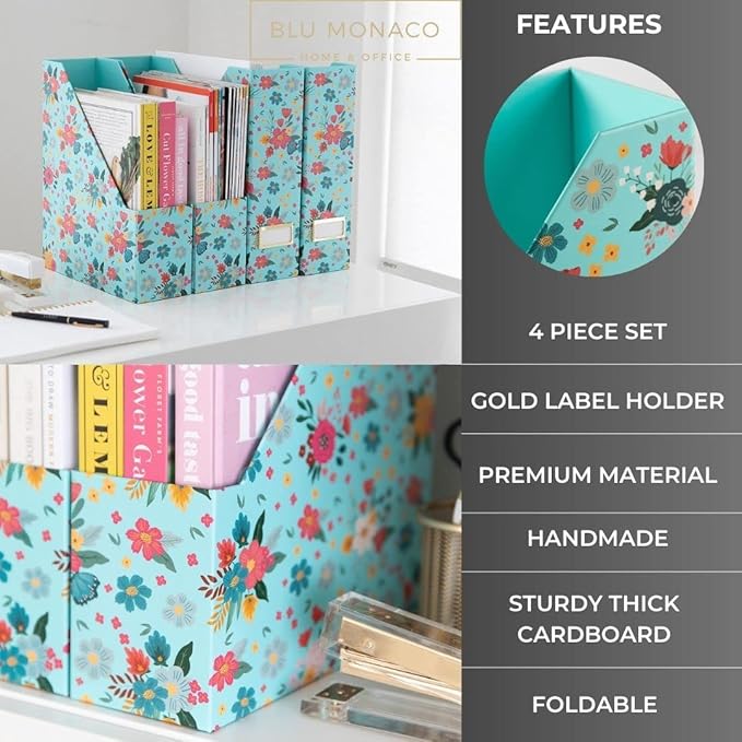 BLU MONACO Floral Magazine Holder, Set of 4 Foldable Magazine File Boxes, Aqua Floral Pattern with Gold Label Holder, Vertical Desk Organizer and Binder Holder-DeskLoop Office