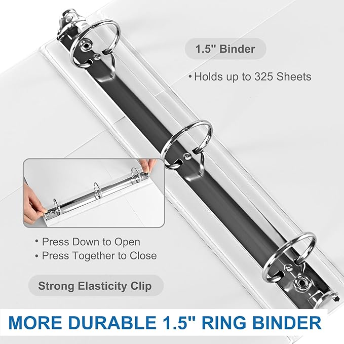 1.5 Inch 3 Ring Binder, 1-1/2“ Binder with 2 Interior Pockets, Durable White View Binders, Clear View Cover, Holds up to 325 Sheets US Letter Size, Perfect for Office/Home/School.(6 Pack)-DeskLoop Office