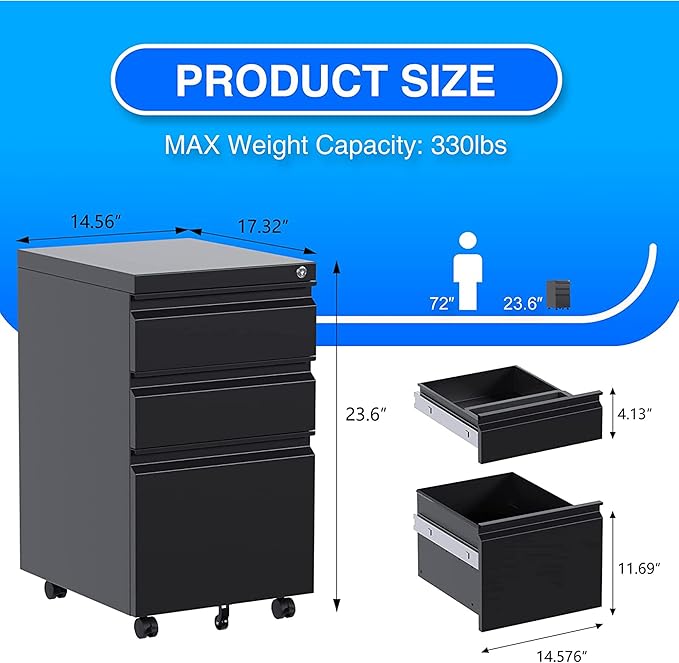 Aobabo 3 Drawer File Cabinet with Lock,Metal Filing Cabinet with Wheels for Home Office & Business Enterprise, Legal/Letter Size, Fully Assembled Except Wheels, Black-DeskLoop Office