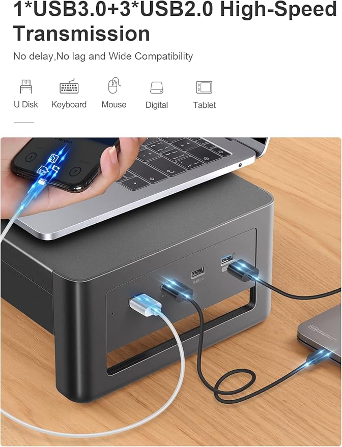 meatanty Dual Monitor Stand Riser with 2 Storage Drawers and 4 USB Ports, Metal Stand for 2 Monitors Supports Data Transfer and Charging, Desk Organizer for PC, iMac (38.7 inches)-DeskLoop Office