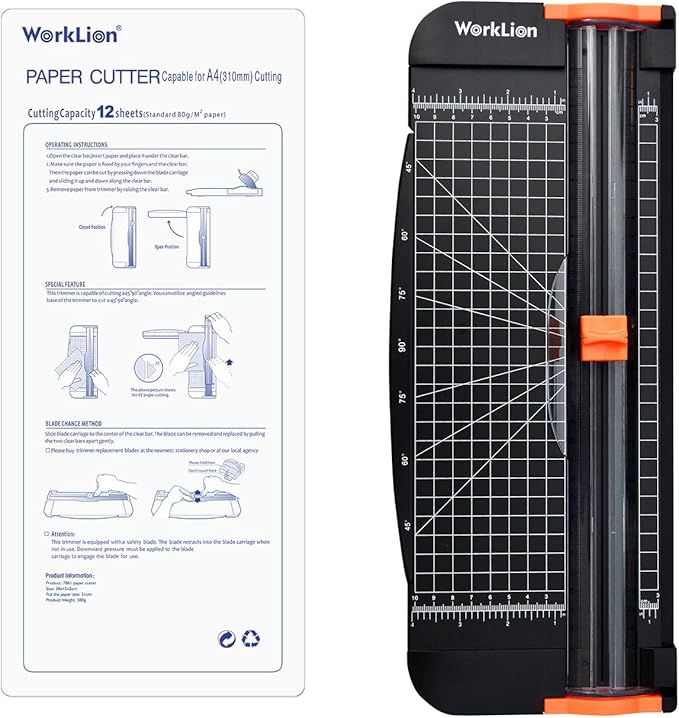 WORKLION Paper Cutter - A4 Paper Craft Cutter with Security Blade for Cut Gift Card, Coupon, Label, Cardstock, Photo, 12 inch Black Office Paper Trimmer-DeskLoop Office