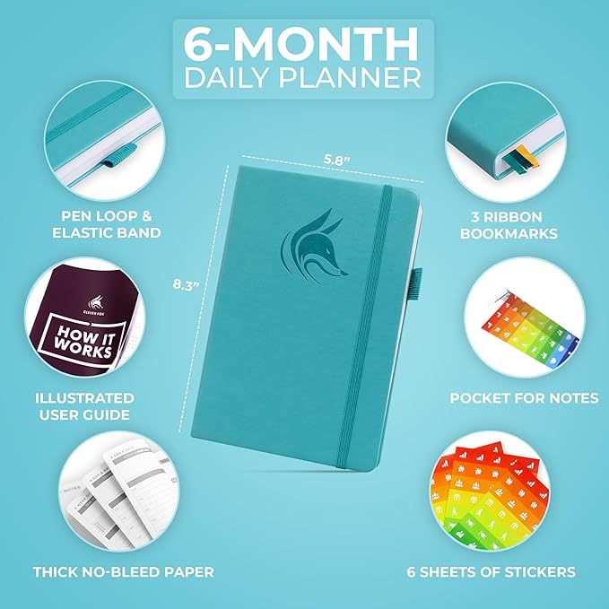 Clever Fox Daily Planner – Undated Planning Notebook with Hourly Schedule & To-Do List – Personal Day Task & Work Organizer, 6 Months (Turquoise)-DeskLoop Office