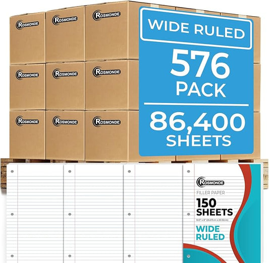 576 Pack (Pallet) Loose Leaf Paper Bulk, 86400 Sheets, Wide Ruled, Pallet of Filler Paper, 150 Sheets/Pack, 8 x 10.5", 3 Hole Punched, 56 Gsm Thick Sheets, School & Office, 4-7 Days Transit-DeskLoop Office