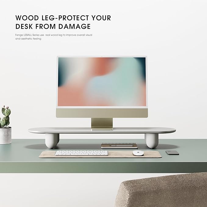 Fenge Monitor Stand Riser, 34 Inch Dual Monitor Riser for Large Monitors, Desk Organizer with Wooden Shelf & Solid Wood Legs, Computer Stand for Laptop, TV, PC, Printer, White-DeskLoop Office