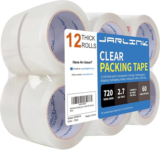 JARLINK Clear Packing Tape (12 Rolls), Heavy Duty Packaging Tape for Shipping Packaging Moving Sealing, 2.7mil Thick, 1.88 inches Wide, 60 Yards Per Roll, 720 Total Yards-DeskLoop Office