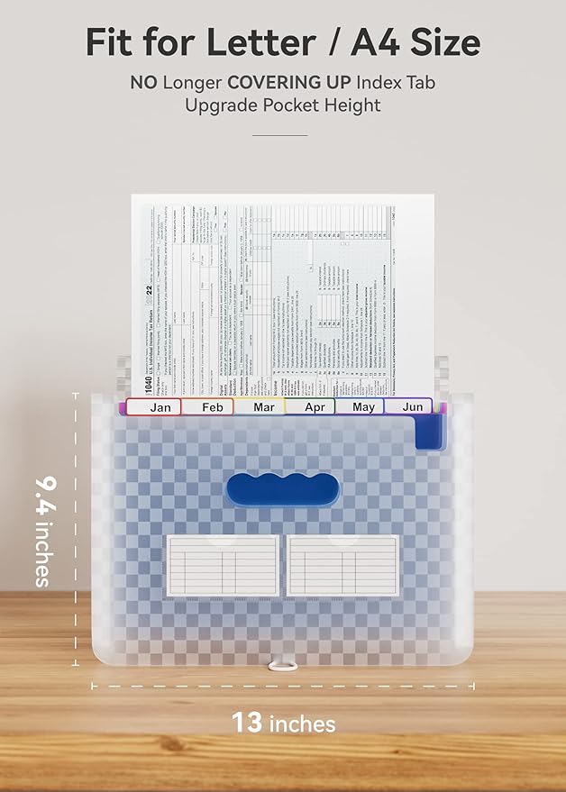 ABC life 12 Pockets Accordion File Organizer Expanding File Folders, Portable Monthly Bill Receipt Document Organizer, Expandable Accordian Filing Folder Letter A4 Size, Colored Tabs (Blue)-DeskLoop Office