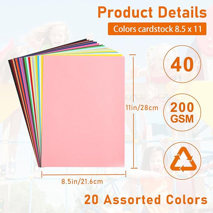 40 Sheets Colored Cardstock 8.5 x 11 Craft Paper, 20 Assorted Colors 75lb Thick Construction Paper Card Stock for DIY Making Cards, Wedding Invitations, School, Memus, Birthday Decorations-DeskLoop Office