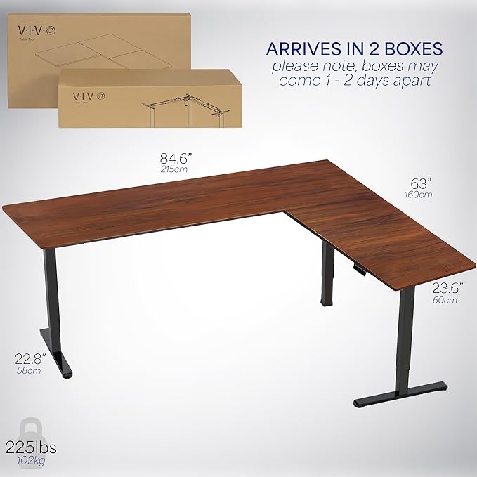 VIVO Electric Corner L-Shaped 84 x 63 in Standing Desk, Memory Height Adjustment, Dark Walnut Top Black Frame, DESK-E3CTBD-84-DeskLoop Office
