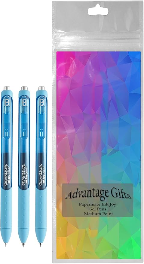 Paper Mate InkJoy Gel Pens, Bright Blue Ink, Medium Point (0.7mm), 3 Count, Bundle with Plastic Reusable Pouch-DeskLoop Office