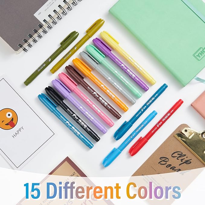 Felt Tip Pens, 15pcs Calligraphy pen Assorted Colors Sign Brush Pen Art Brush Marker Water Based Journaling Pen Set for Beginners Beginner Adult Lettering, Calligraphy (15pcs)-DeskLoop Office