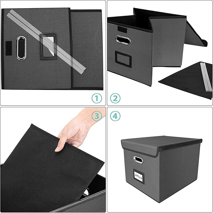 Huolewa File Organizer Box with Lid, Collapsible File Folder Organizer for Office Document Storage, Filing Box with Plastic Slide for Letter/Legal Size Hanging Files, Dark Grey-DeskLoop Office